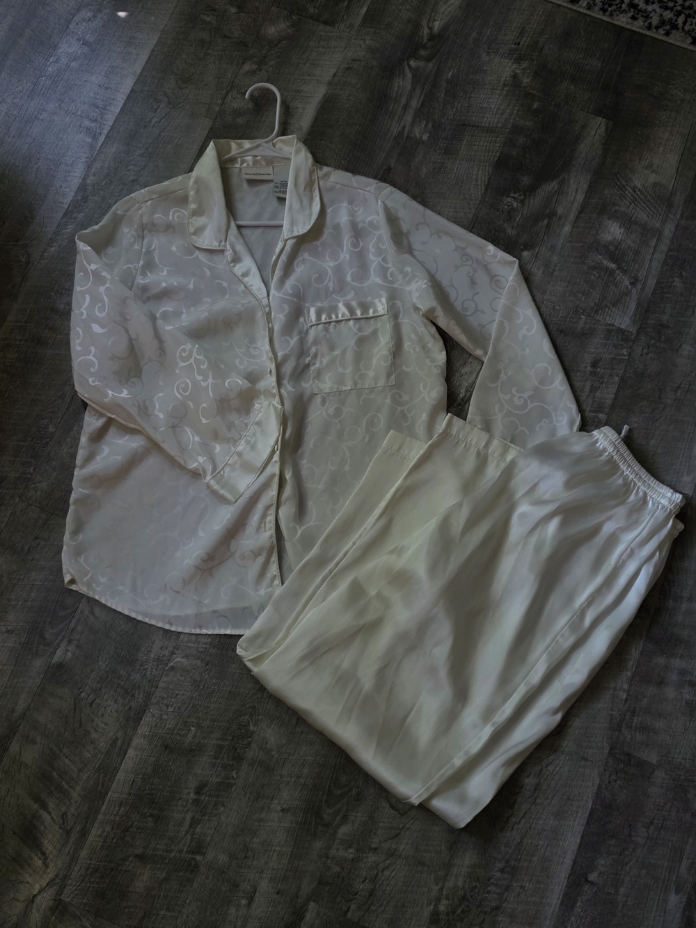 Jaclyn Smith Satin Ivory Button-Up Pajama Top And Pants with Subtle Jacquard